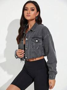 Breezaya Solid Color Front Button Turn-Down Collar Long Sleeve Denim Jacket - Light Grey - View 4