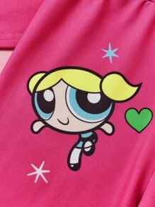THE POWERPUFF GIRLS X SHEIN Conjunto de camiseta de manga corta y shorts impresos con dibujos animados brillantes, informal y lindo para niña preadolescente, verano