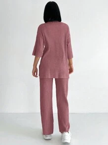 EURMUSE Women's V-Neck Drop Shoulder Sleeve T-Shirt And Pants Two Piece Set - Pink - View 2