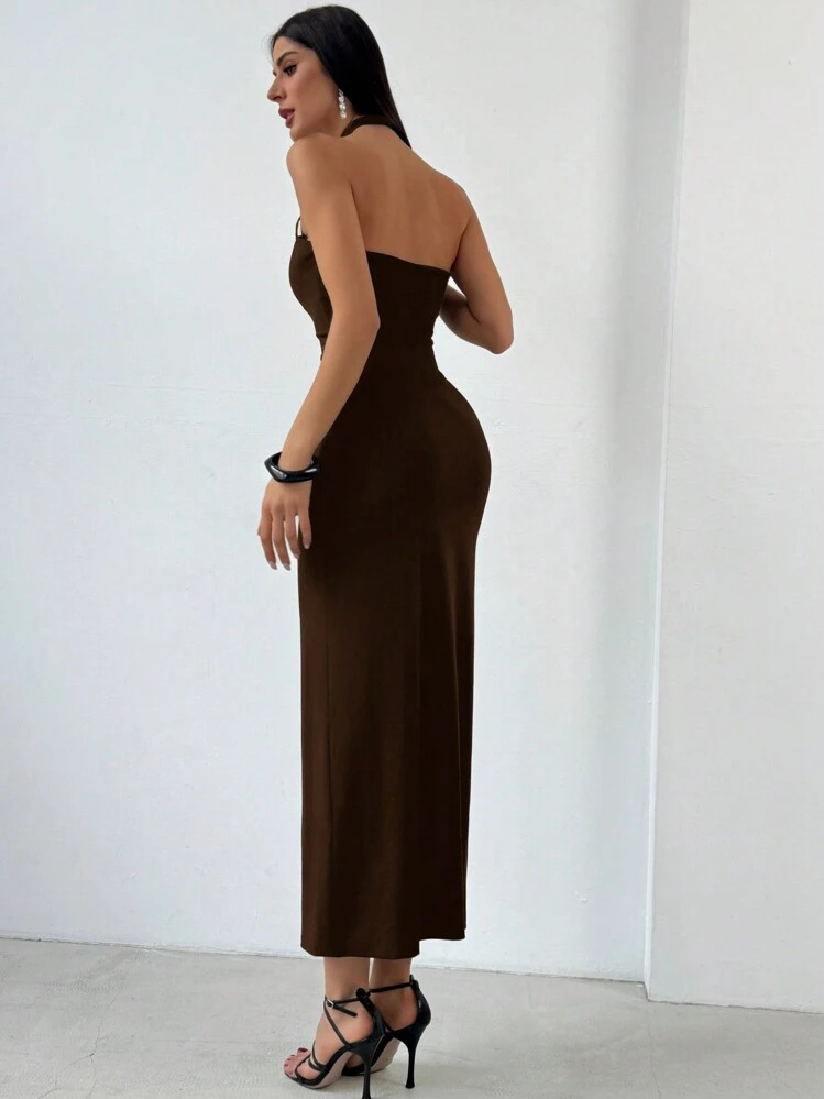 Aloruh Women's Bodycon Sexy Sleeveless Halter Neck Summer Dress Brown Cross-Neck Halter Dress Western Dress - Coffee Brown - View 2