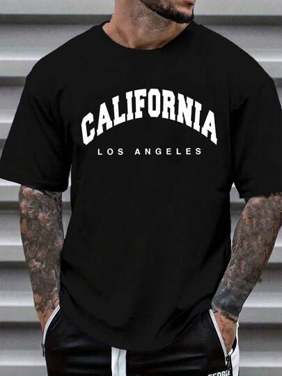 Manfinity Dauomo Hombre Verano letra impresa cuello redondo manga corta camiseta casual