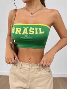 SHEIN PETITE Brazilian Print Strapless Top, Team Style - Green - View 7