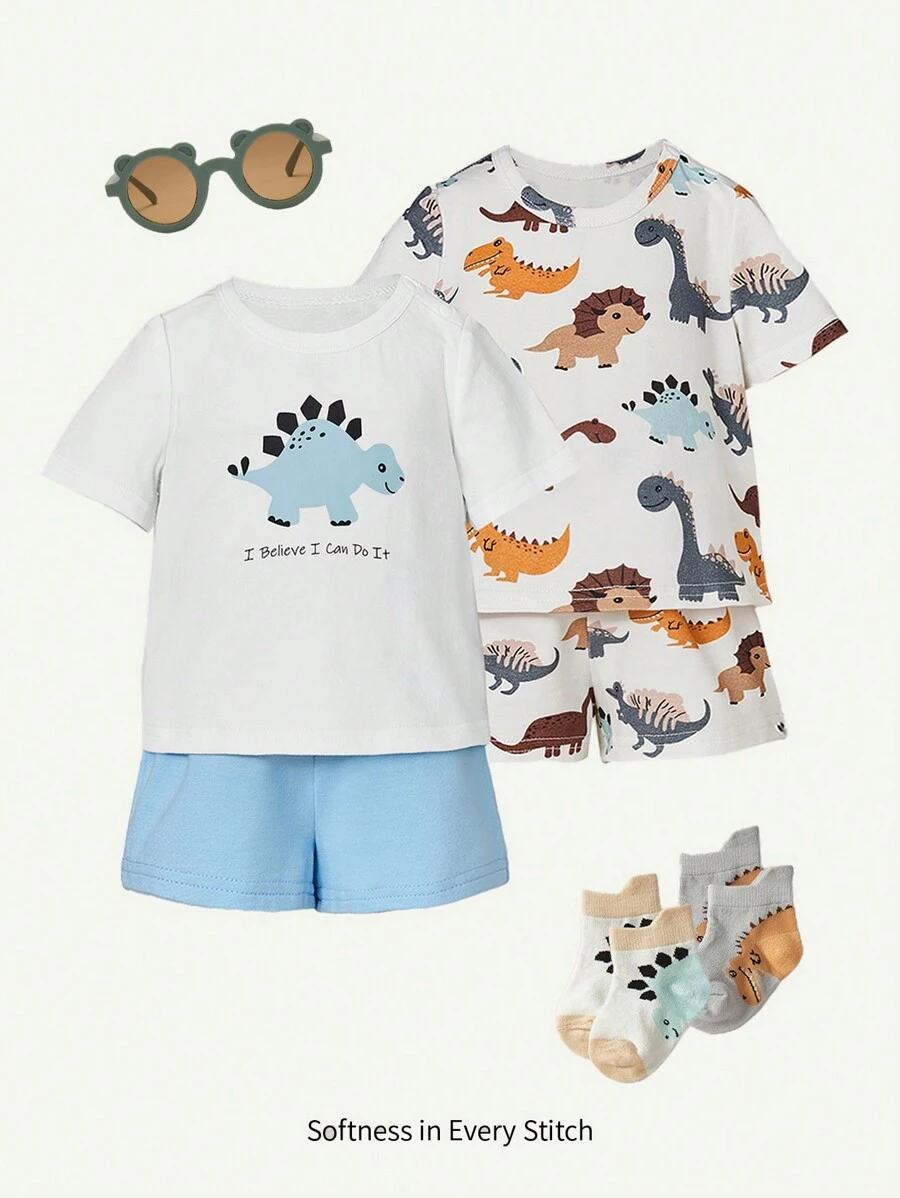 Cozy Pixies Bé trai sơ sinh 2 bộ Khủng long & khẩu hiệu Đồ họa Bộ PJ - Nhiều màu - Xem 1