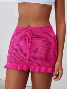Swim Vcay Falda de cobertura de unicolor con borde de volantes y cordón para mujer, perfecta para conjuntos cotidianos de primavera y verano - Rosa Fucsia - Ver 3
