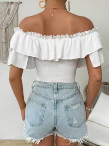 SHEIN VCAY Women Fashion Solid Color Bodysuit With Ruffle Neck Ruffle Neckline