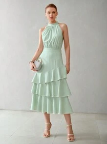MOTF PREMIUM VESTIDO CON TIRANTES EN EL CUELLO Y DOBLE CAPA CON VOLANTES CONTRASTANTES EN EL DOBLADILLO - Verde - Ver 9