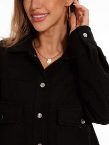 TRAFZA 女式秋季夹克，时尚立领纽扣前口袋长袖外套，优雅女士休闲夹克 - 黑色 - 查看 4