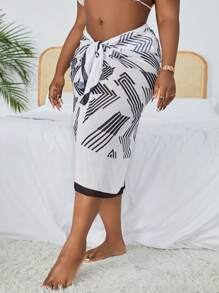 SHEIN Swim Curve Summer Beach Plus Size Dotted Line Printed Split Hem Contrasting Edge Tie Front Cover-Up