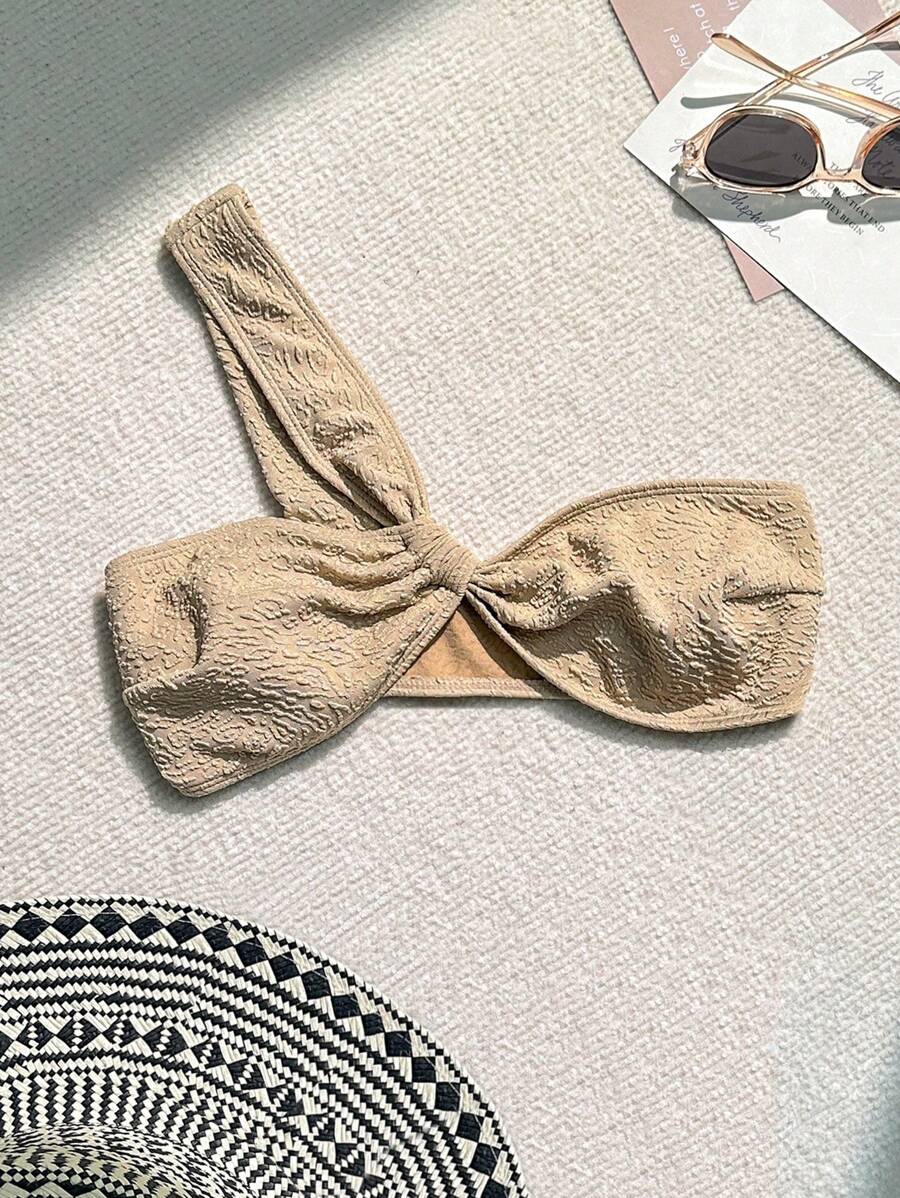 SHEIN Swim 1pc Solid Texture Bikini Top For Vacation,Summer Beach - Khaki - View 1