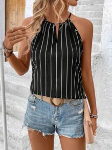 SHEIN LUNE Women Classic Casual Striped Summer Ring Detail Halter Top