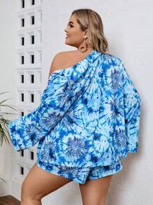 SHEIN VCAY Plus size zomervakantie blauw tie-dye shirt en shorts voor dames, ideaal voor strand- en muziekfestivals