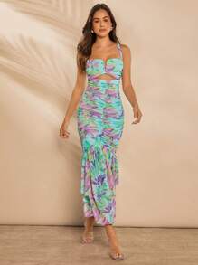 L'Amorae Floral Ruched Mermaid Hem With Cutout Details Dress