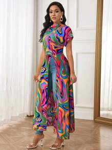 Zolique Camisa de manga larga para mujer con abertura lateral y estampado geométrico colorido - Verde - Ver 4