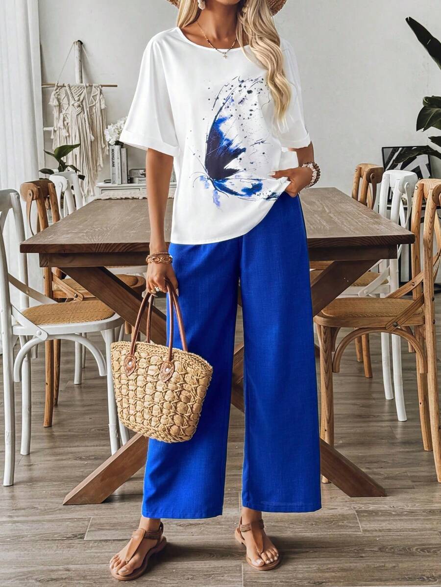 SHEIN LUNE 春夏季輕鬆自在的蝴蝶印花兩件套裝，適合日常穿著 - 藍白色 - 查看 1