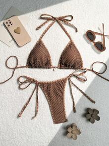 Costavie Set Bikini Seksi Wanita Warna Polos Model Halter Neck, Set Bikini Terpisah, Baju Renang untuk Liburan Pantai Musim Panas - Coffee Brown - View 3