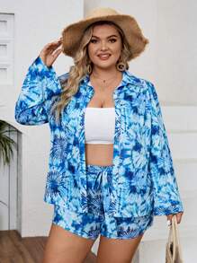 SHEIN VCAY Plus size zomervakantie blauw tie-dye shirt en shorts voor dames, ideaal voor strand- en muziekfestivals
