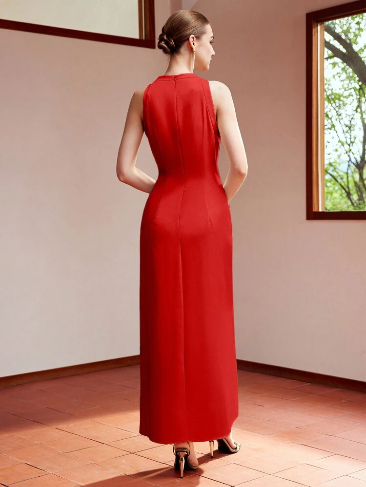 SOLID COWL NECK SPLIT HEM DRESS
