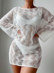 SHEIN Swim 女款時尚夏季長袖中空簡約連衣裙，設有分裂式下擺 - 白色 - 查看 5