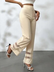SHEIN Privé Quần dài phối lưới màu trơn lưng cao thời trang cho nữ, kiểu dáng đơn giản - Màu be - Xem 6