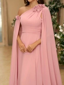 SHEIN Belle 3D Flower, Chiffon, Asymmetrical Neck Bridesmaid Dress With Graceful Sleeves (Heavy Industry) Formal Ball Gown For Women, Elegant Long Sleeve Prom Evening Wedding Guest Dress, For Graduation, Dinner Party Dress