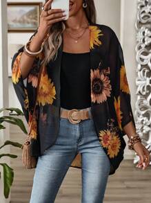 EMERY ROSE Women's Summer Holiday Casual Solid Color Sunflower Printed Kimono Cover Up