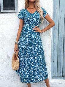 EMERY ROSE Vestido feminino de verão com manga morcego e estampa floral pequena para encontro no dia dos namorados - Azul - Visão 5