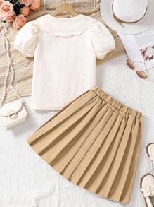 少女兩件式可愛粉色短袖上衣+裙子套裝