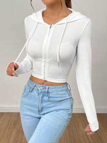 SHEIN PETITE 女式简约纯色抽绳连帽长袖运动衫夹克、长袖上衣毕业、返校服装、毕业、女士教师服装、秋冬返校 - 白色 - 查看 3