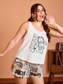 GARFIELD | SHEIN Conjunto de pijama de top de tirantes blanco y pantalones cortos con estampado de dibujos animados, talla grande, ropa casual y de estar en casa - Blanco - Ver 2