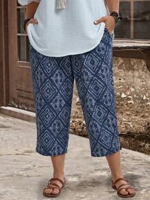 EMERY ROSE Plus Size Women's Vent Pockets Geometry Graphic Graphic Vintage Printed Casual Loose Vacation Summer Pants