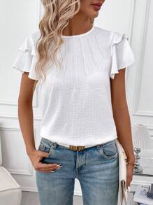 SHEIN Clasi Blusa branca de mulher com babados e mangas curtas para o verão - Branco - Visão 2