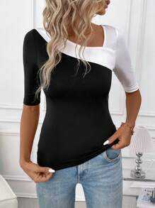 SHEIN Clasi Women's Summer Leopard Print Asymmetric Collar Slim Fit Short Sleeve T-Shirt Rave Festival Outfits