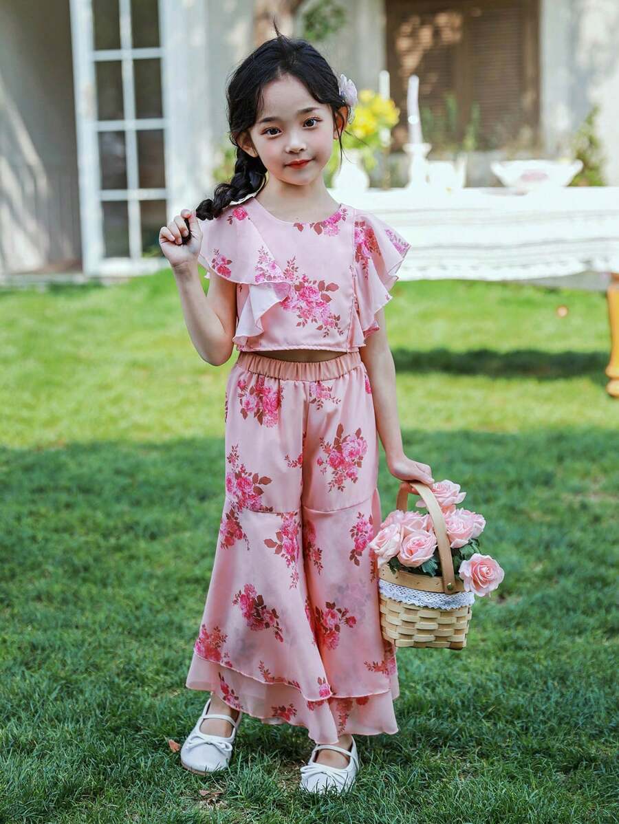 SHEIN Kleine Mädchen Elegantes Hochzeitssaison-Set mit Rüschensaum, Blumen-Chiffon-Top und weitem Hose, geeignet für Feste, Partys und Urlaube, Sommer