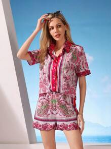 GENKIRA Random Printed Women Short Sleeve Shirt And Shorts Set - Hot Pink - View 5