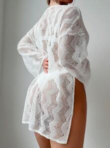 SHEIN Swim 女款時尚夏季長袖中空簡約連衣裙，設有分裂式下擺 - 白色 - 查看 2