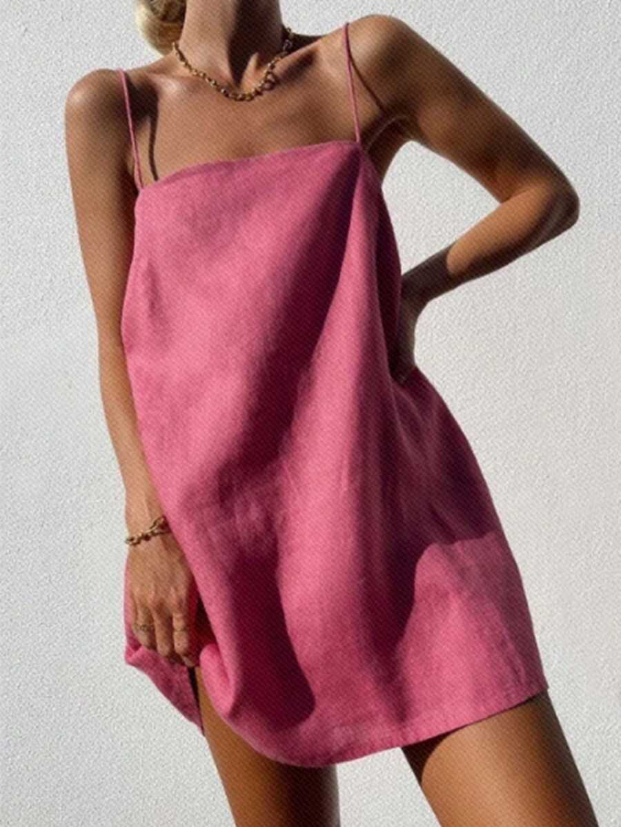 SHEIN VCAY Women Summer Casual Solid Color Dress With Diagonal Pockets And Spaghetti Straps - Hot Pink - View 1