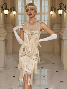 1pc Women Elegant Sleeveless Vintage Style Tassel Decorated Dress Cocktail Semi Formal Prom Wedding Guest Dress, For Birthday, Graduation, Dinner, Homecoming Party Dress