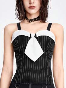 ROMWE Blusa Feminina de Verão Halter com Listras Contraste e Laço Decorativo no Pescoço - Preto e Branco - Ver 2