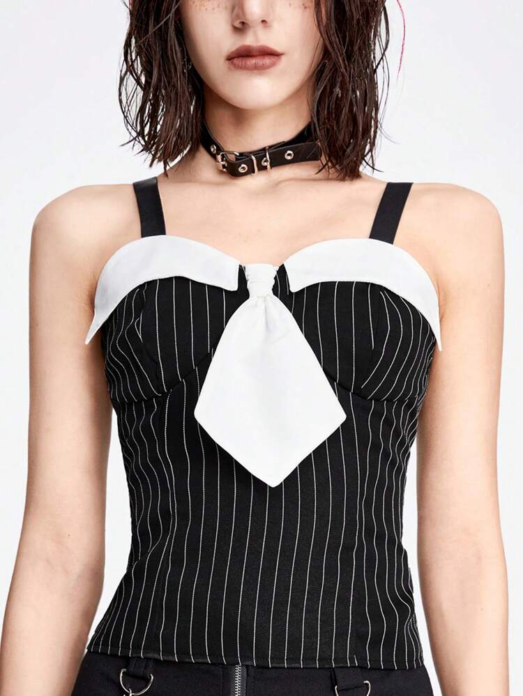 Women Summer Contrast Color Striped Halter Top With Decorative Necktie