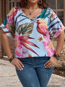 EMERY ROSE Plus Size Damska koszula hawajska z dekoltem w kształcie litery V i nadrukiem w kwiaty, na co dzień, krótka koszula hawajska na wiosnę i lato - Wielokolorowe - Zobacz 3