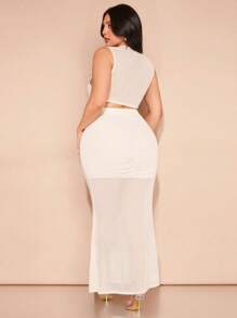 SHEIN BAE Plus Size Women's Beige Summer Sweet Vacation Three-Dimensional Flower Multi-Decoration Partial See-Through Vest Long Skirt Two-Piece Set