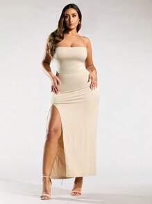SHEIN BAE Women's Plus Size Knitted Solid Spaghetti Strap High Slit Backless Dress Lace Detail Dress