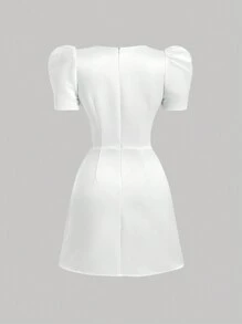 SHEIN MOD White Cute Vintage Women Short Puff Sleeve Summer Dress With Bow,White Graduation Dress,Business Casual Woman