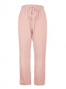 Women's Solid Color Minimalist Casual Drawstring Pants For Daily Wear - Pink - View 3
