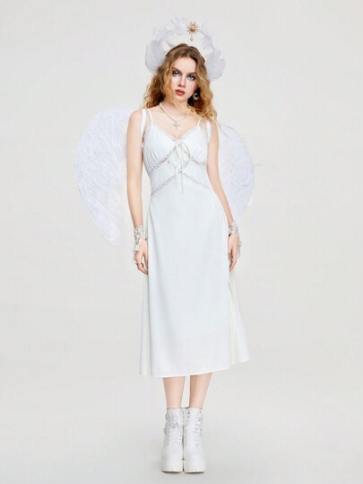 Women Fashion Solid Color Satin Split Dress With Lace Edge