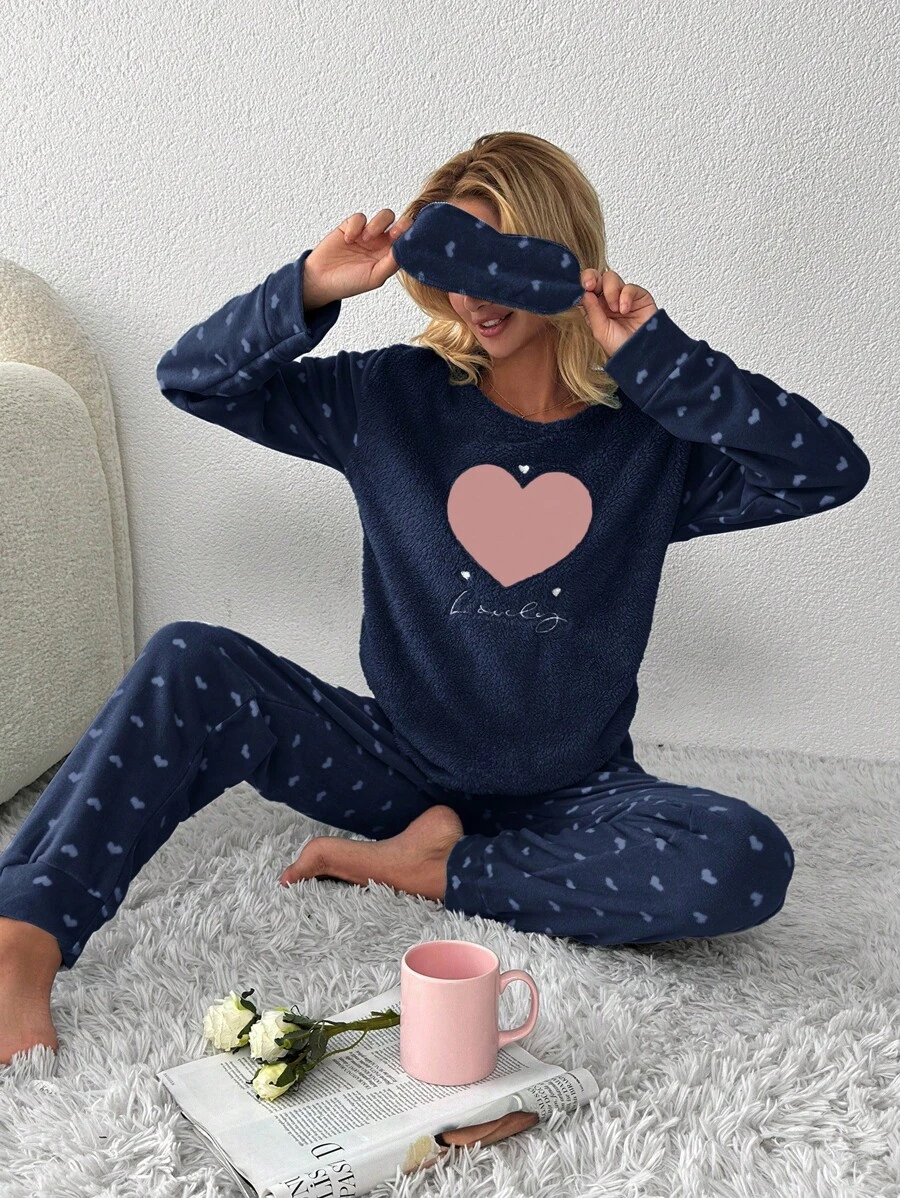 RueChic Heart & Letter Embroidery Flannel PJ Set - Black - View 1