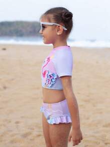 Young Girl Flamingo Pattern Tankini Swimwear Set With Separated Briefs - Multicolor - View 5