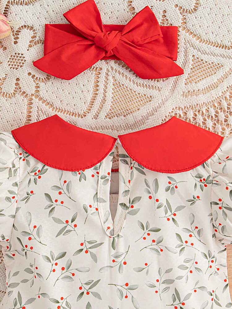 Baby Girl Summer Floral Printed Jumpsuit With Lapel And Headband