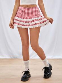 SHEIN EZwear Falda de línea A de cintura alta para mujer con cuadros y detalles encaje empalmados