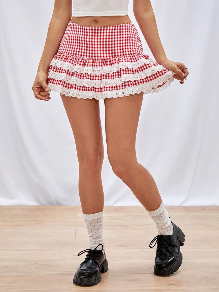 SHEIN EZwear Plaid Lace Splice Women High Waist A-Line Skirt